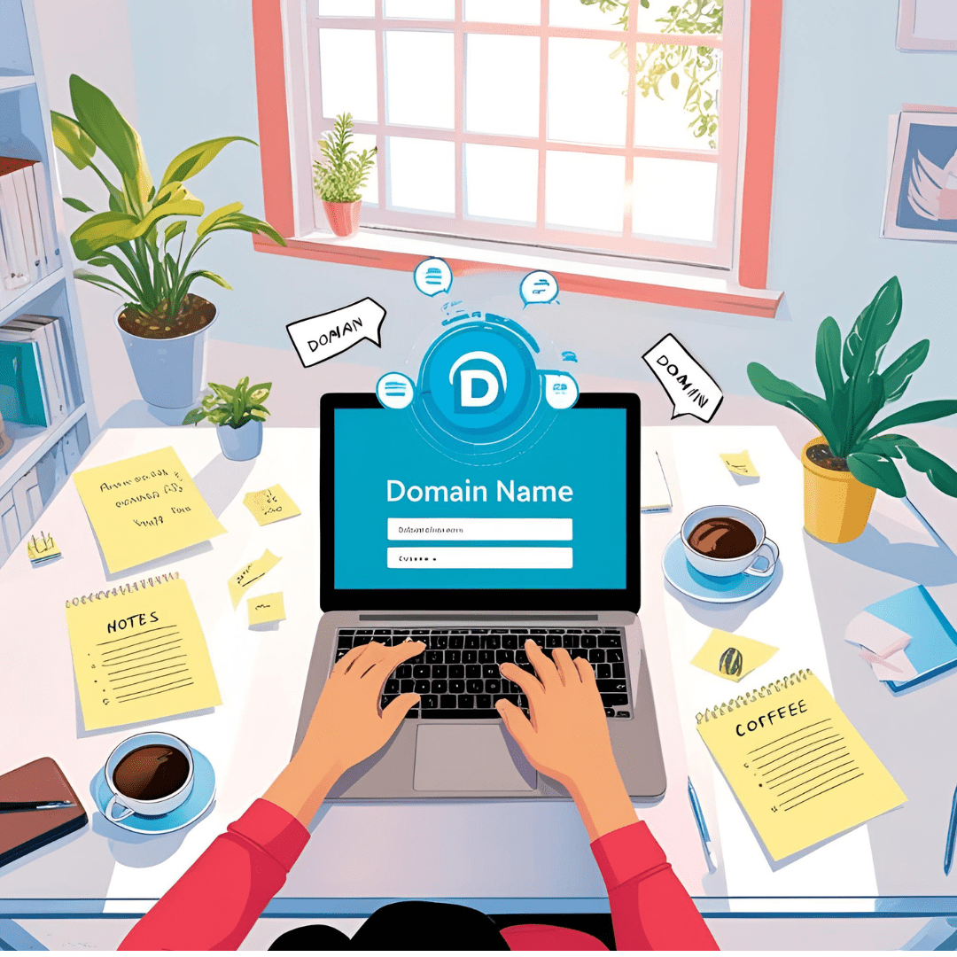 Here's the alt text for the image:
A digital illustration depicts a person's hands typing on a laptop, with the screen displaying the words "Domain Name" and a search bar. The laptop is positioned on a white desk, with various items scattered around it. To the left, there's a notepad with the heading "NOTES," and to the right, a notepad labeled "COFFEE." A cup of coffee also sits on the desk. A potted plant is placed on the right side of the desk, and another is visible in the background near a window. Above the laptop, a circular icon contains the letter "D," with the words "DONAN" pointing toward it. The overall style is clean and modern, with a focus on a workspace setting.