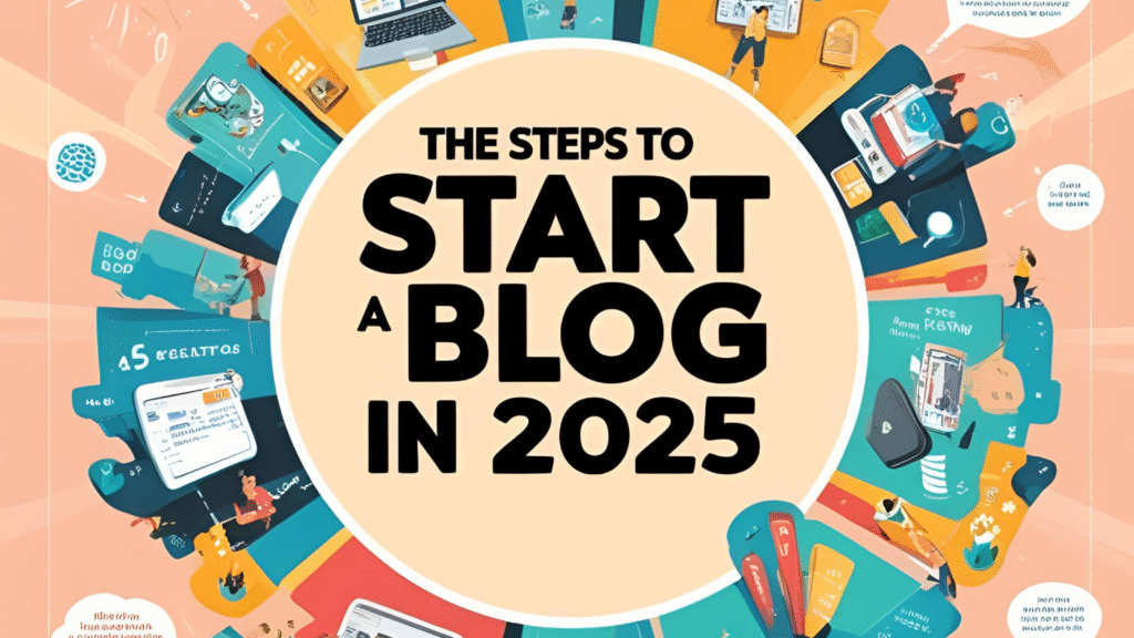A vibrant and circular infographic titled "THE STEPS TO START A BLOG IN 2025" is displayed against a light peach background. The central text is bold and black, surrounded by a white circle. Radiating outwards from this central circle are numerous teal and peach-colored circular icons and illustrations, each representing a step in the blogging process. These icons depict various elements associated with blogging, such as a laptop, website design tools, content creation, social media sharing, SEO optimization, audience engagement, and monetization strategies. Each icon is accompanied by brief, stylized text providing a hint about the specific step. The overall design is modern, playful, and aims to visually guide viewers through the process of starting a blog in the year 2025.