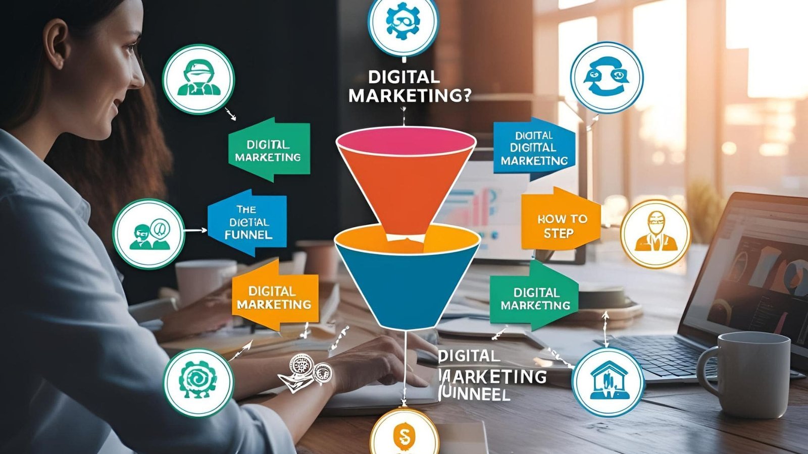 A person is working on a laptop at a desk with a digital marketing funnel diagram overlay. The diagram includes various icons and labels related to digital marketing, illustrating different stages and components of the marketing process.