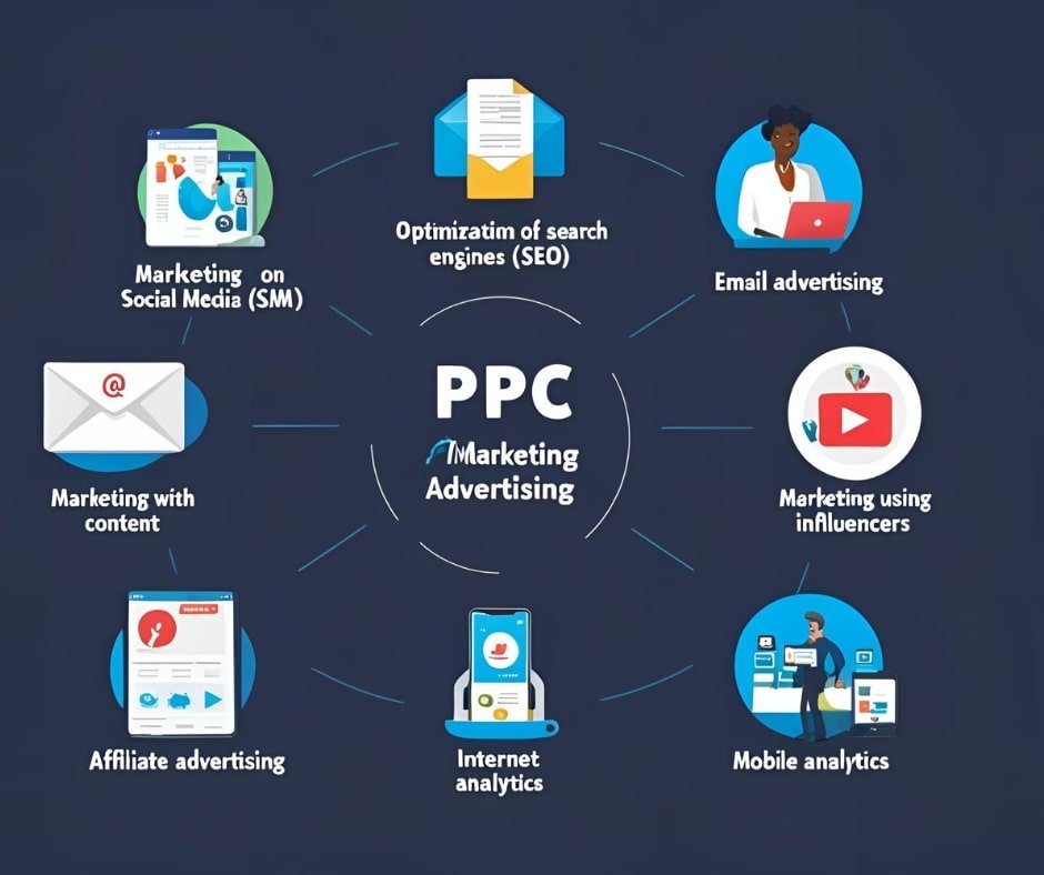 A diagram illustrating various methods of PPC (Pay-Per-Click) marketing advertising. The central text reads 'PPC Marketing Advertising' surrounded by icons and labels for different marketing strategies: social media marketing (SM), search engine optimization (SEO), email advertising, influencer marketing, content marketing, affiliate advertising, internet analytics, and mobile analytics.