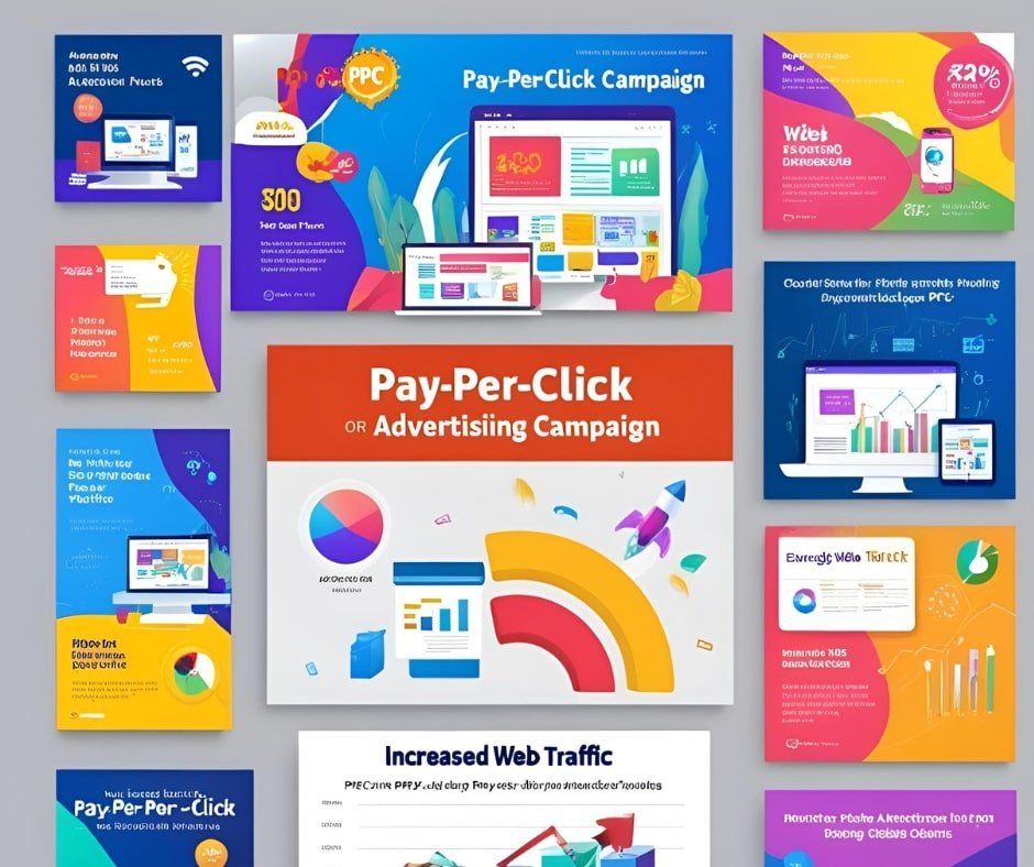 A collage of digital marketing posters emphasizing Pay-Per-Click (PPC) advertising campaigns. The posters include colorful graphics, pie charts, bar graphs, and illustrations of devices such as computers and smartphones. Some posters highlight web traffic growth, advertising strategies, and promotional offers, with central text reading 'Pay-Per-Click or Advertising Campaign' and supporting phrases like 'Increased Web Traffic' and 'Web Boosting Strategies.
