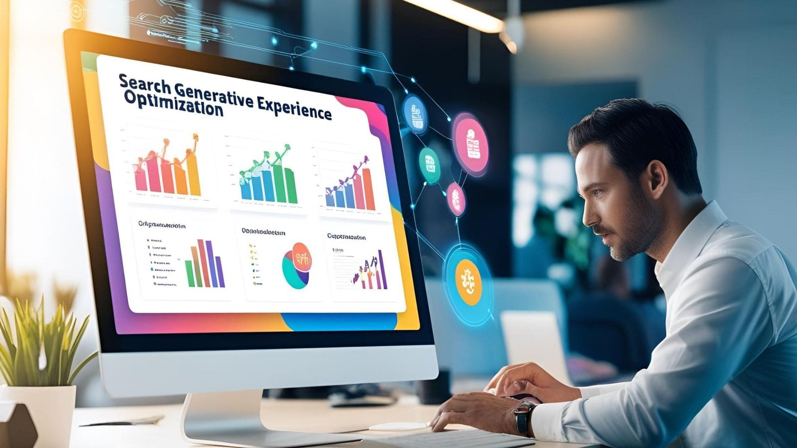 SEO optimized alt text: A person working on a computer displaying a screen titled "Search Generative Experience Optimization," featuring colorful graphs and charts that represent data analysis and search performance metrics.
