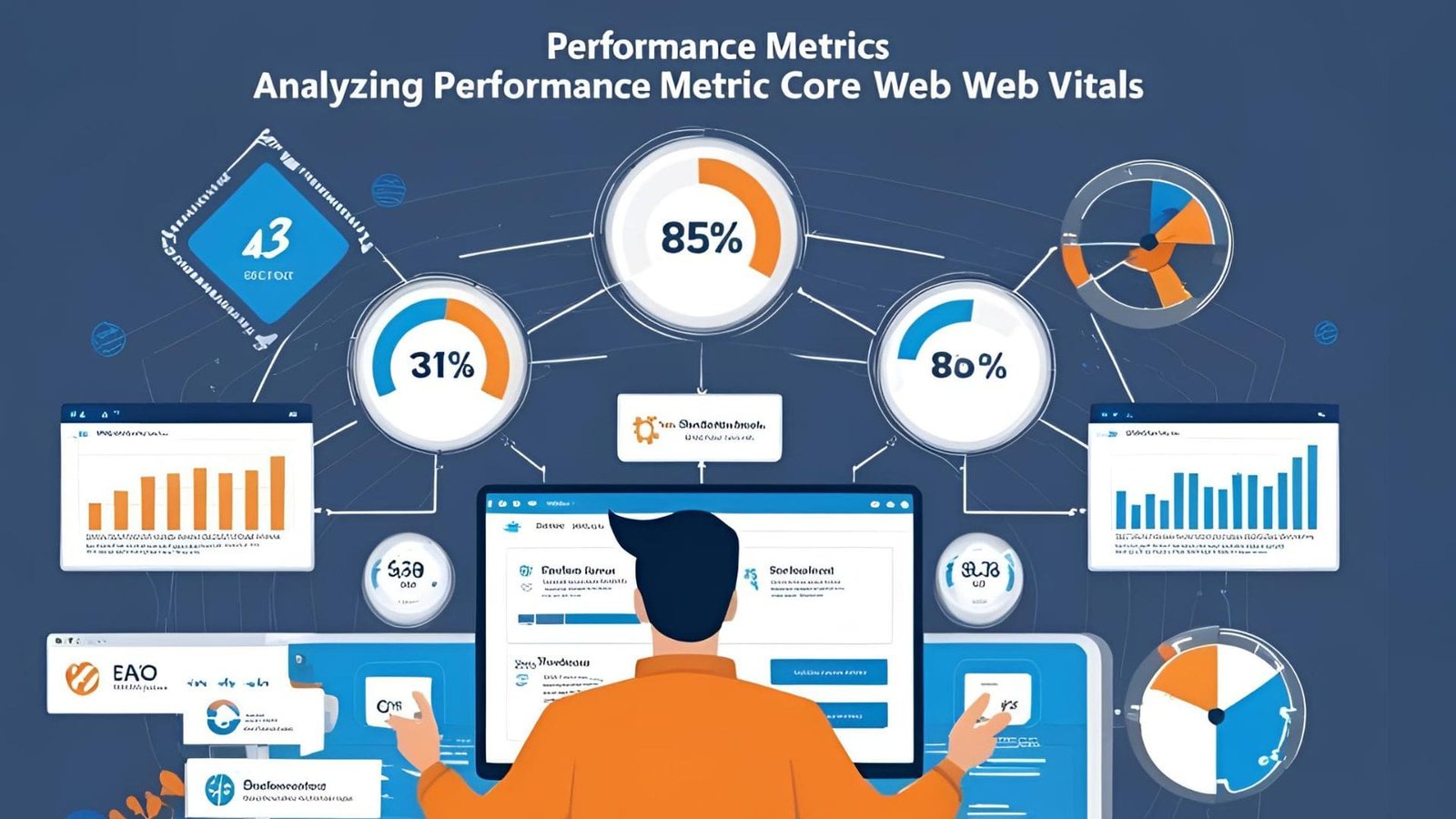 Illustration of a person analyzing performance metrics on a computer screen, surrounded by various charts and graphs showing data percentages such as 85%, 80%, and 31%. The image highlights core web vitals and performance metrics, emphasizing the importance of data analysis in web performance optimization.