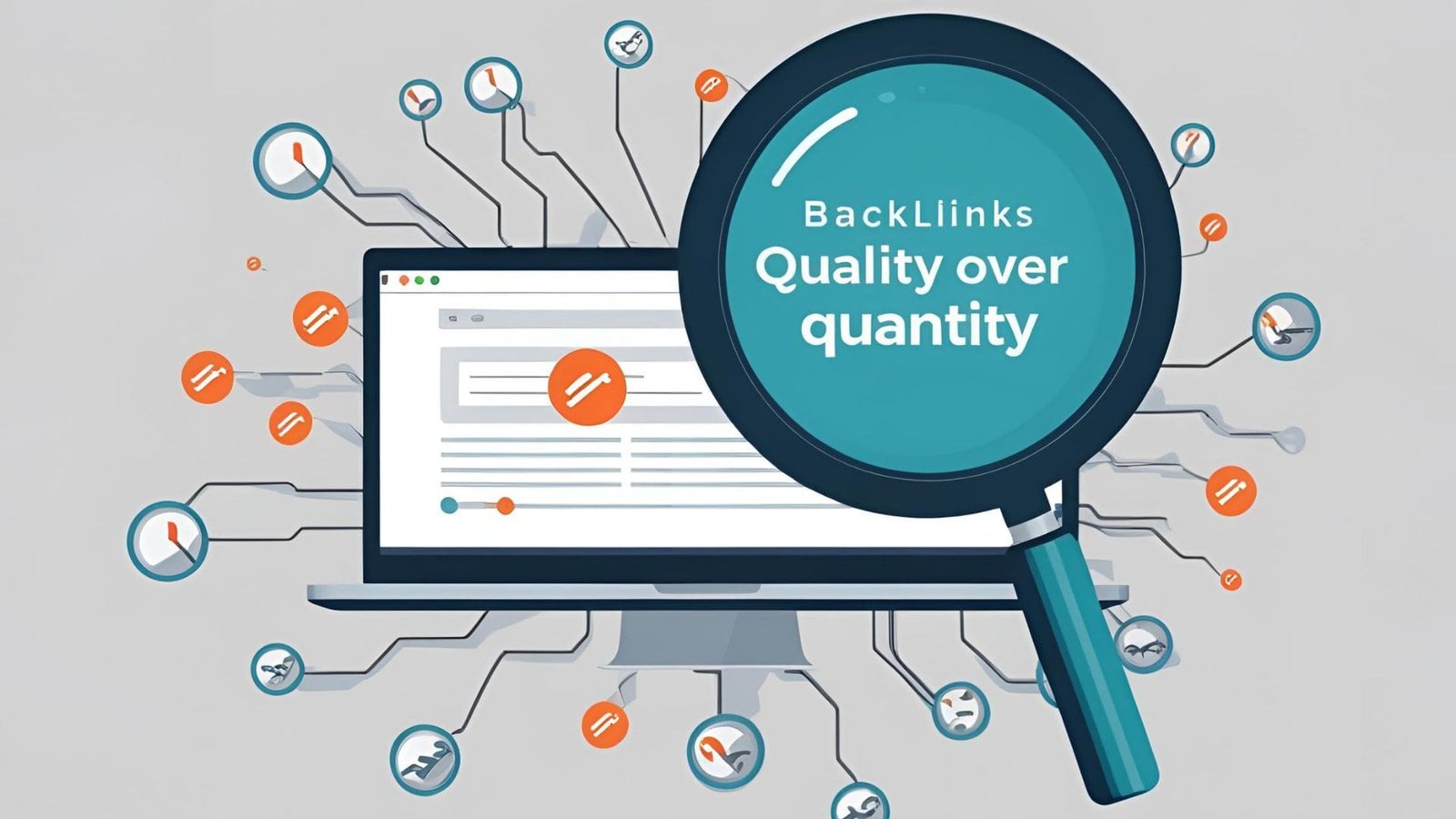 Illustration of a laptop screen displaying interconnected backlink icons with a magnifying glass highlighting 'BackLinks Quality over quantity,' emphasizing the importance of high-quality backlinks in SEO strategies.